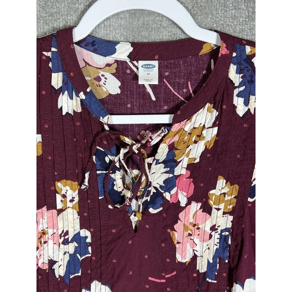 Old Navy‎ Lace Up Neckline Pintuck Dress Women Medium Burgundy Floral Rayon - Picture 7 of 12